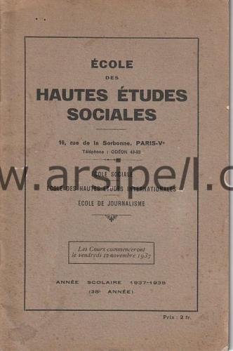 Ecole Des Hautes Etudes Sociales Sorbonne Paris 1937-38 Annee Scolaire