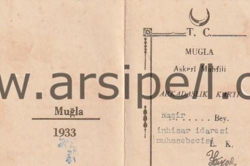 T.C. Muğla Askeri Mahfili Arkadaşlık Kartı 1933