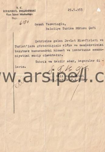 Fahrettin Kerim Gökay İmzalı İstanbul Belediyesi Antetli Evrak 1953