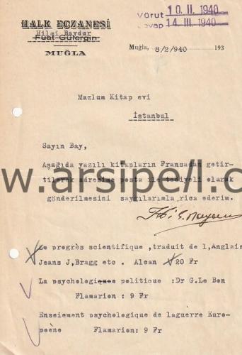 1940 Muğla Halk Eczanesi Hilmi Baydur Antetli Mektup