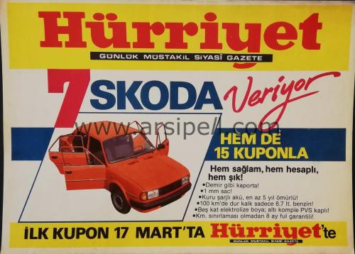 1980'ler Hürriyet Gazetesi Kuponla Hediye 7 Adet Skoda Reklamı