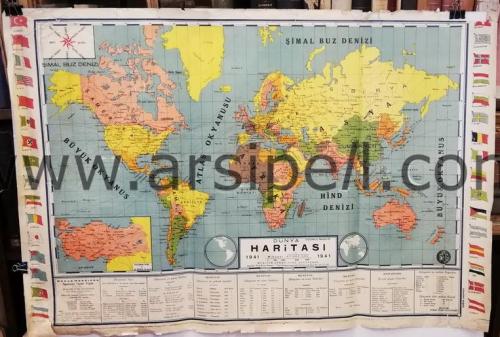 1941 Bayraklı Dünya Haritası / Muallim Fuat Gücüyener